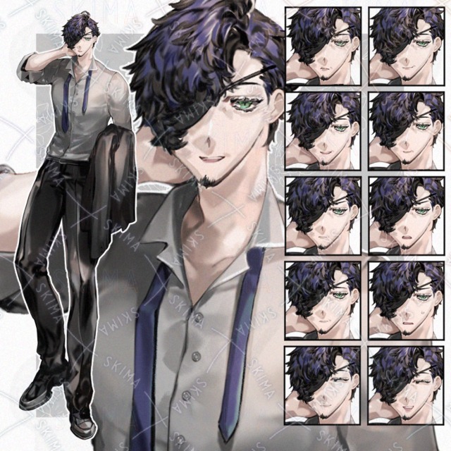 【表情10種】眼帯スーツの男性