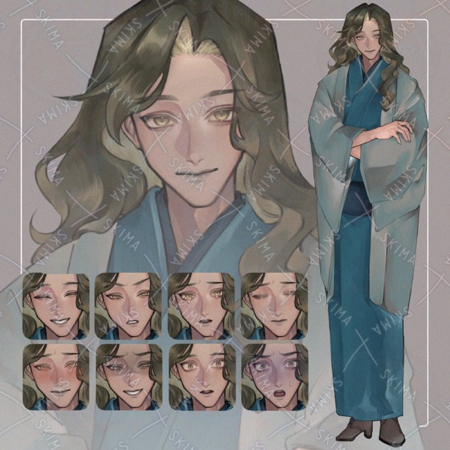Image of 9 Expression Variations: A Suspicious-Looking Man in a Kimono