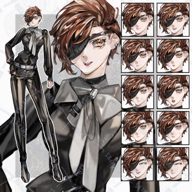 Image of 10 Expressions: Woman with Brown Hair, Eye Patch, and Suit