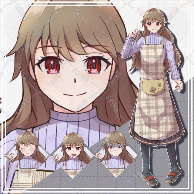 Image of 10 Expressions: Standing Illustration of a Brown-Haired Woman Wearing an Apron