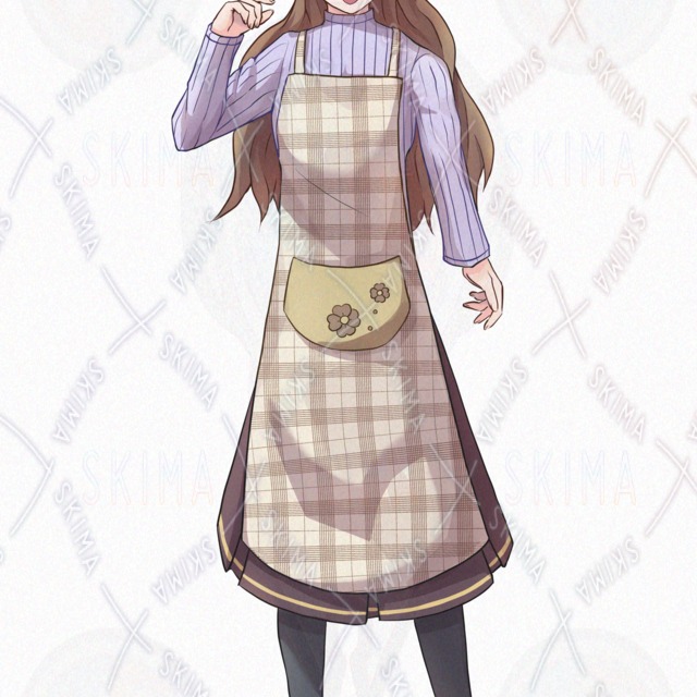 Image 6 of 10 Expressions: Standing Illustration of a Brown-Haired Woman Wearing an Apron