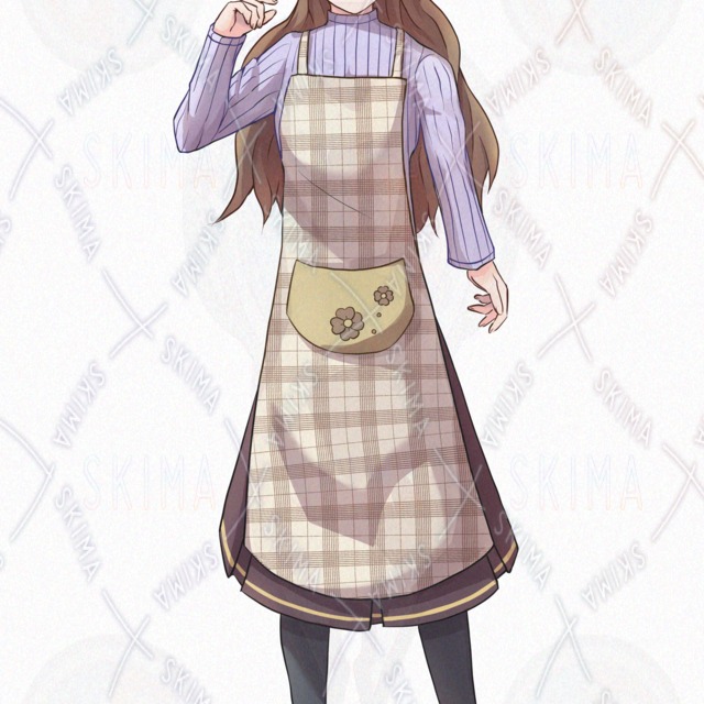 Image 8 of 10 Expressions: Standing Illustration of a Brown-Haired Woman Wearing an Apron