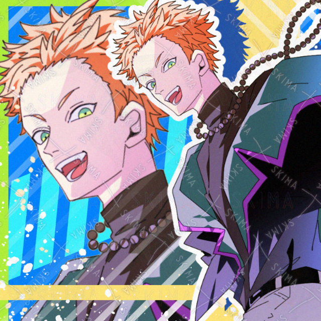 ジャケット　男性　現代ファンタジー　オレンジ髪　緑　紫色　数珠