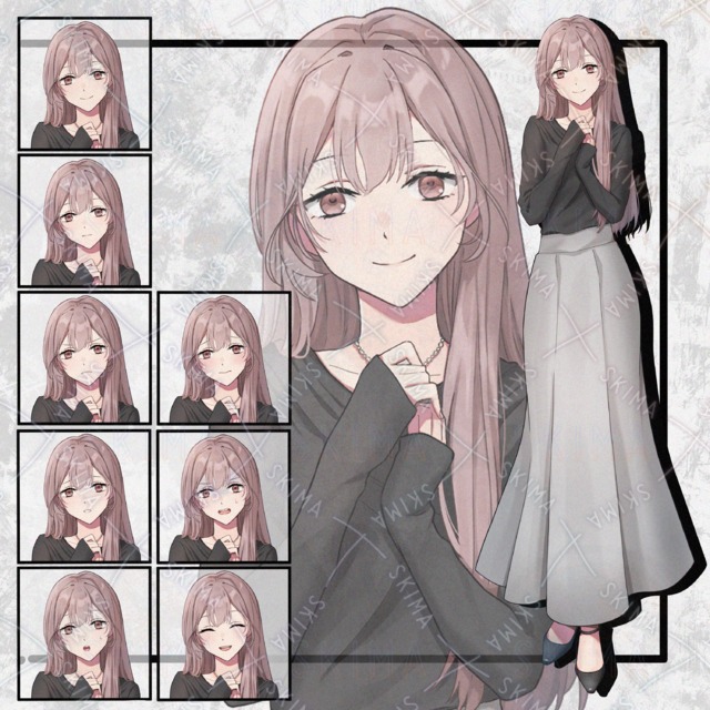 カジュアルな女性立ち絵　表情8種