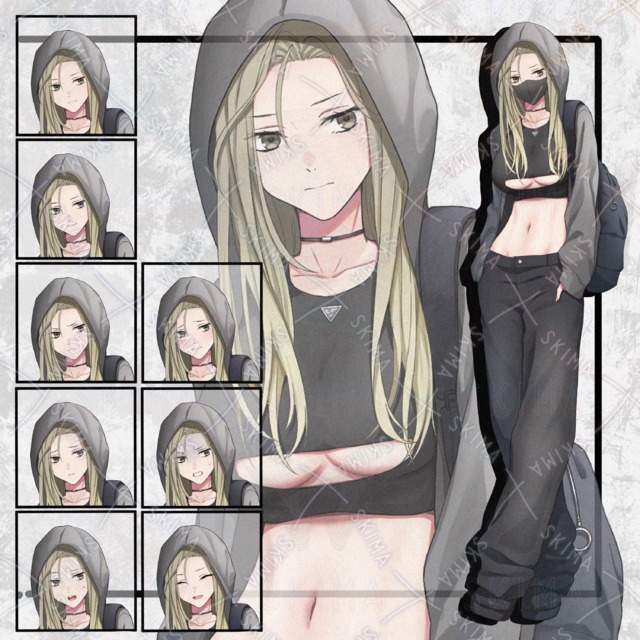 カジュアルな女性立ち絵　表情8種+マスク