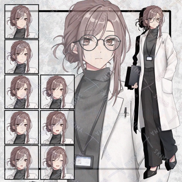 白衣の女性立ち絵　表情8種+眼鏡1種