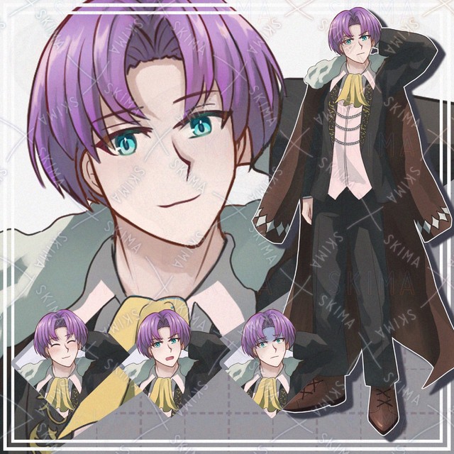 Image of 10 Expressions: Male Character with Purple Hair Wearing a Shoulder-Length Coat (Standing Illustration)