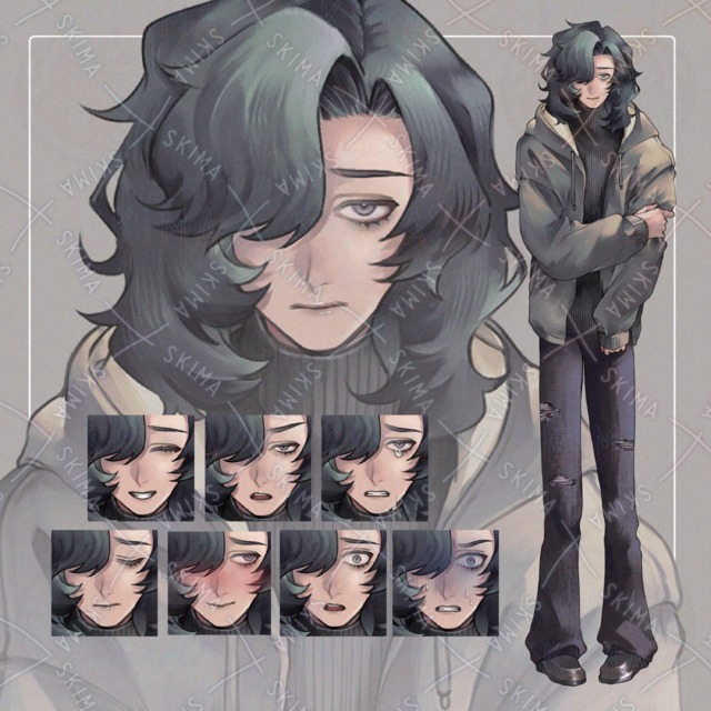 Image of 8 Expression Variations: Timid Young Man with One Eye Covered