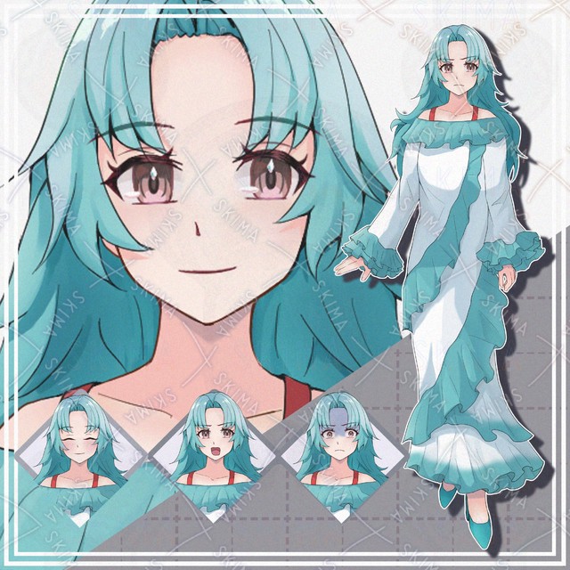 Image of 10 Expressions: Blue-Haired Girl in a Frilly Dress (Standing Illustration)