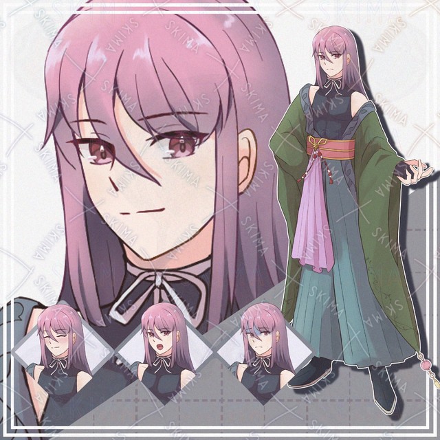 Image of 10 Expressions: Standing Illustration of a Man in a Kimono with Long Purple Hair