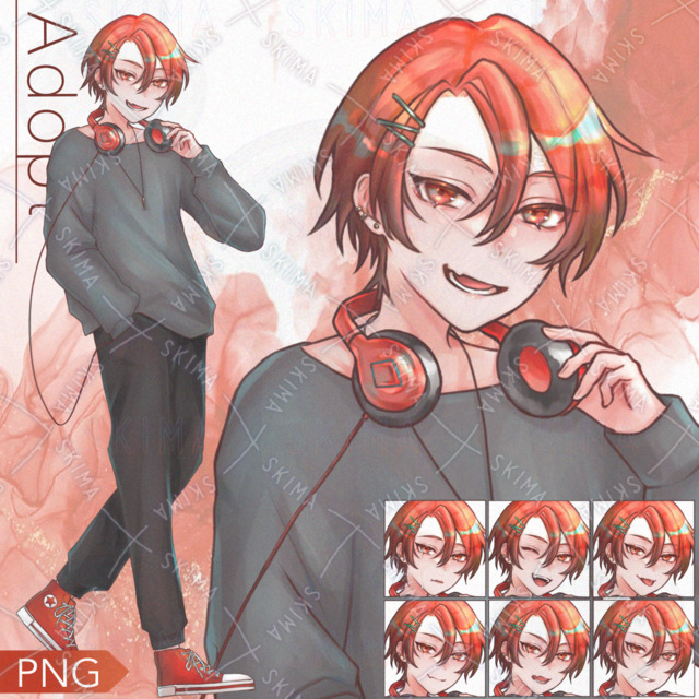 ✧【表情差分6種！】赤髪ヘッドホンの青年 全身立ち絵