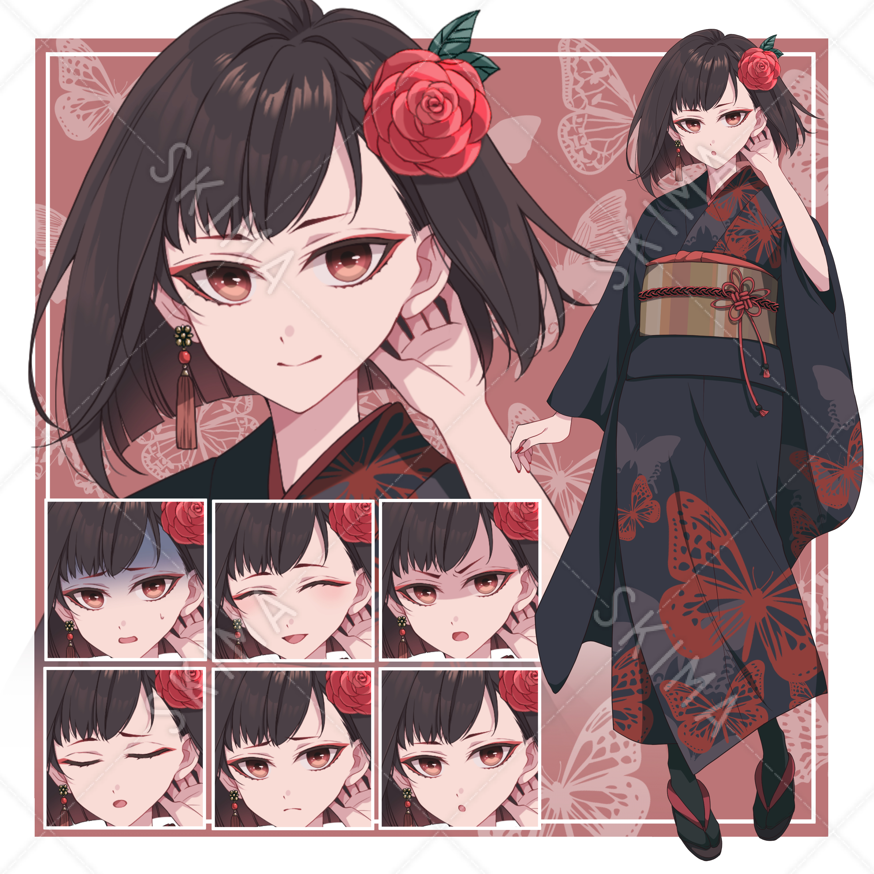 着物の女性キャラクター 印刷物 191】キャラ素材_着物の女性_黒髪【表情差分8種】 - チネラくん