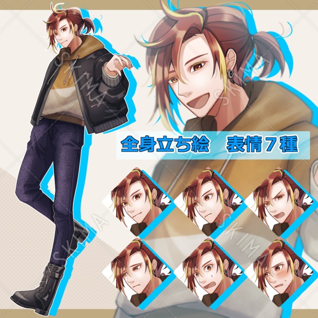 髪を結んだ男性【全身・表情差分７種＋ジャケット】