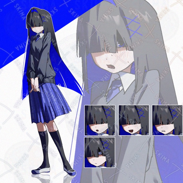【表情差分6種】ブルーな目隠れ女子高生(開眼あり)