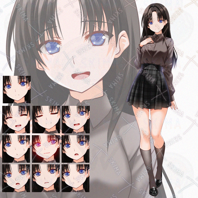 【表情１０種】黒髪チェックスカート少女