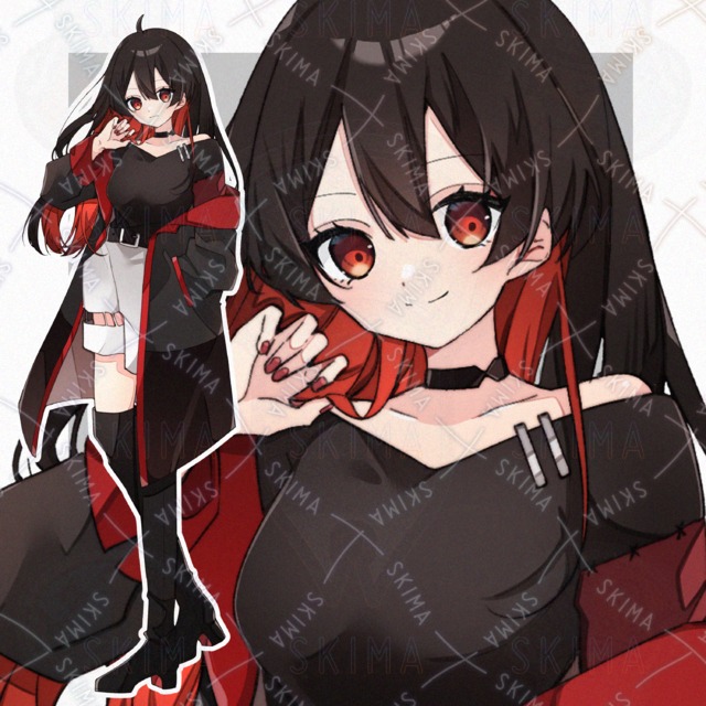 赤インナーカラーの少女【全身立ち絵・表情7種 】