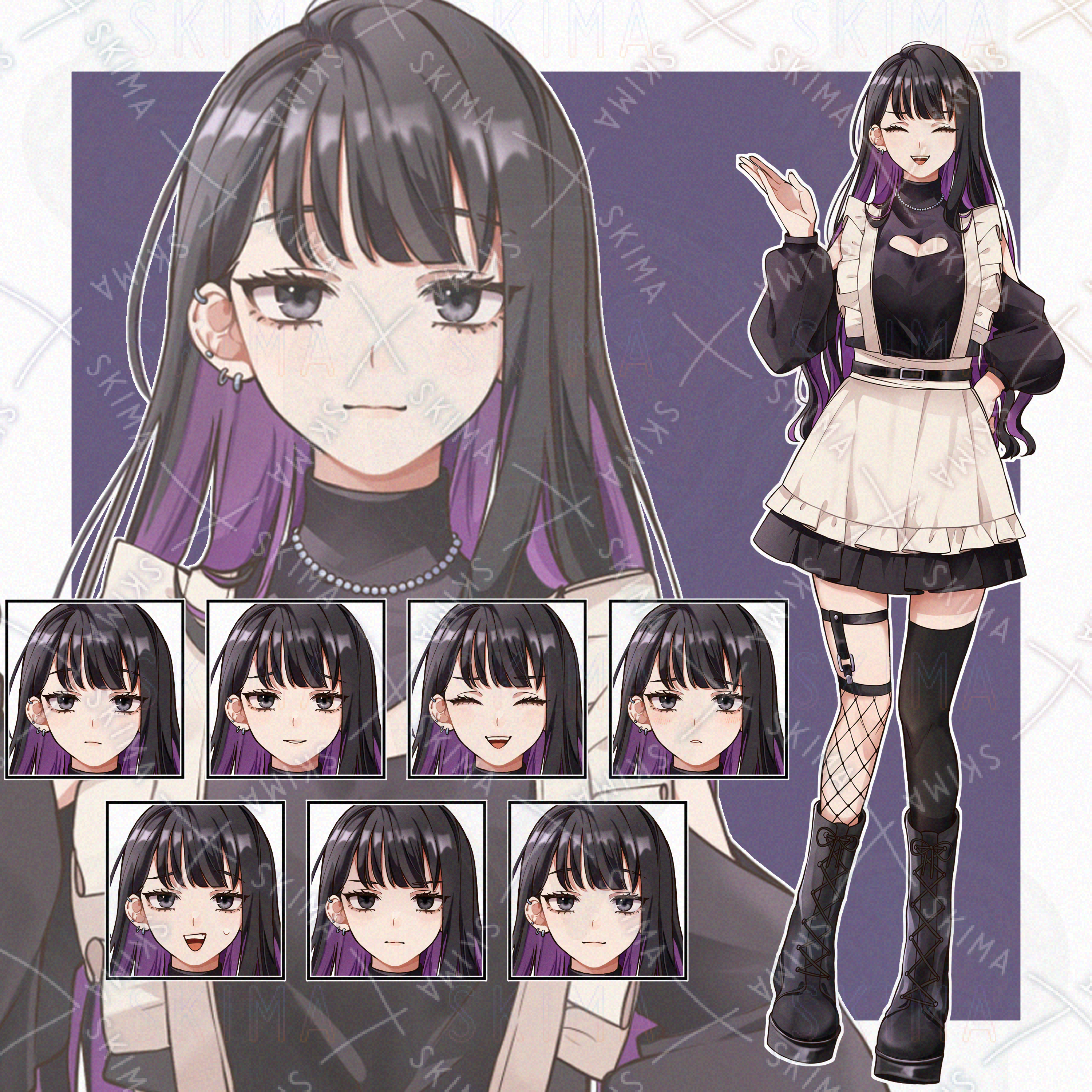 インナーカラー紫 ロングヘアメイド【立ち絵 表情7種類