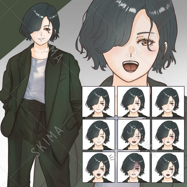 グリーンスーツの女性(取り外し可能マスク付き)