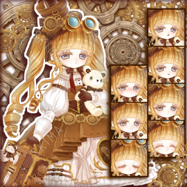 表情 全8種 テディベア好きのスチームパンク風の女の子 歯車の背景付き スキマ スキルのオーダーメイドマーケット Skima
