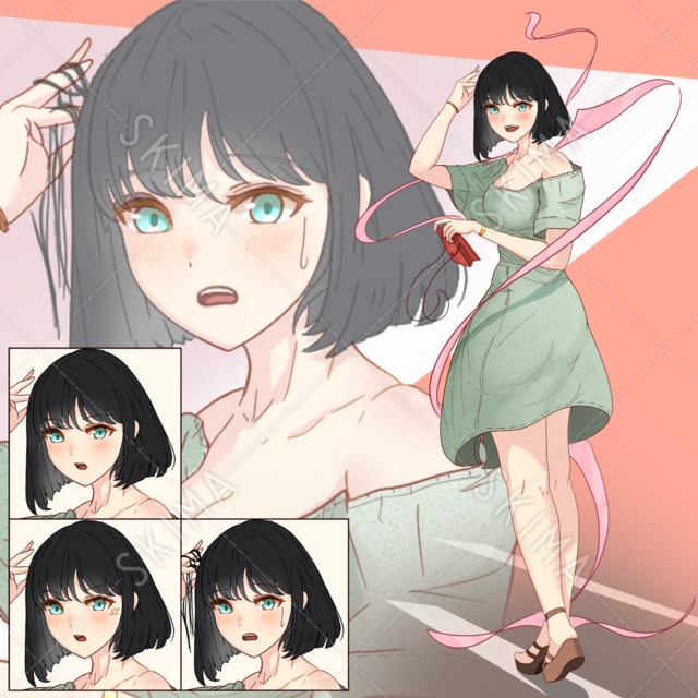 肩出しワンピース女性　(リボン付き、表情各5種)