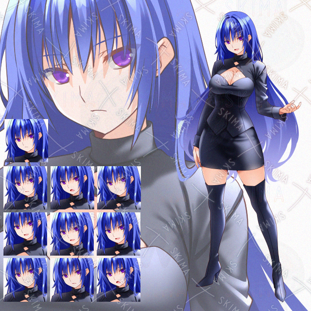 【表情10種】ミニスカブーツ青髪女性