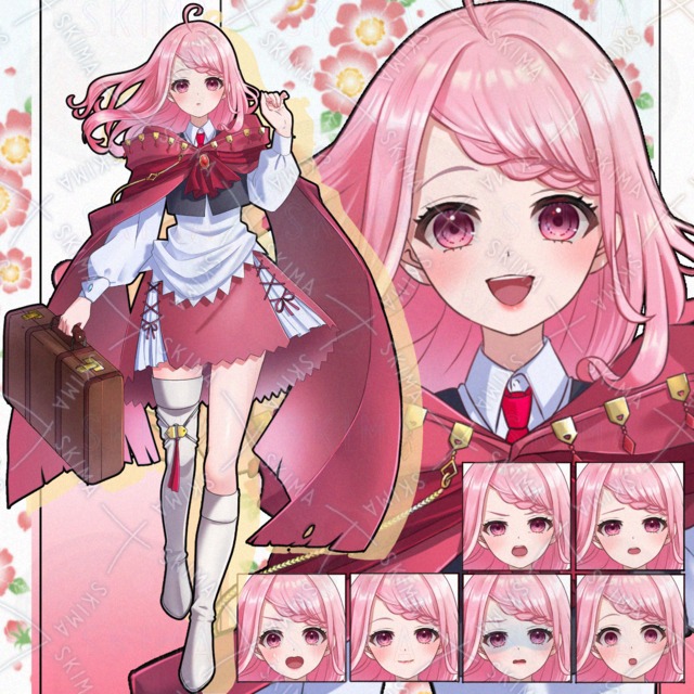 ピンク髪の旅人風の少女(表情差分8種+鞄)