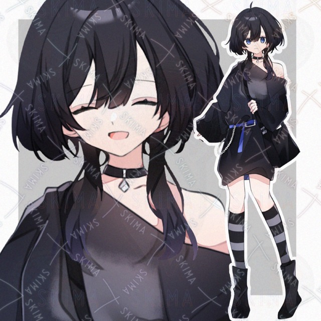 ウルフカット・青×黒の少女【全身立ち絵・表情7種 】