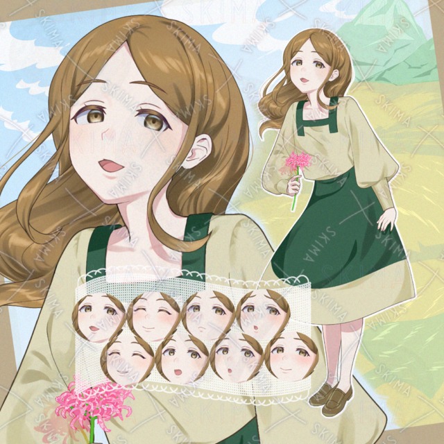 【表情全8種＋パーツ1種】花を持った女性