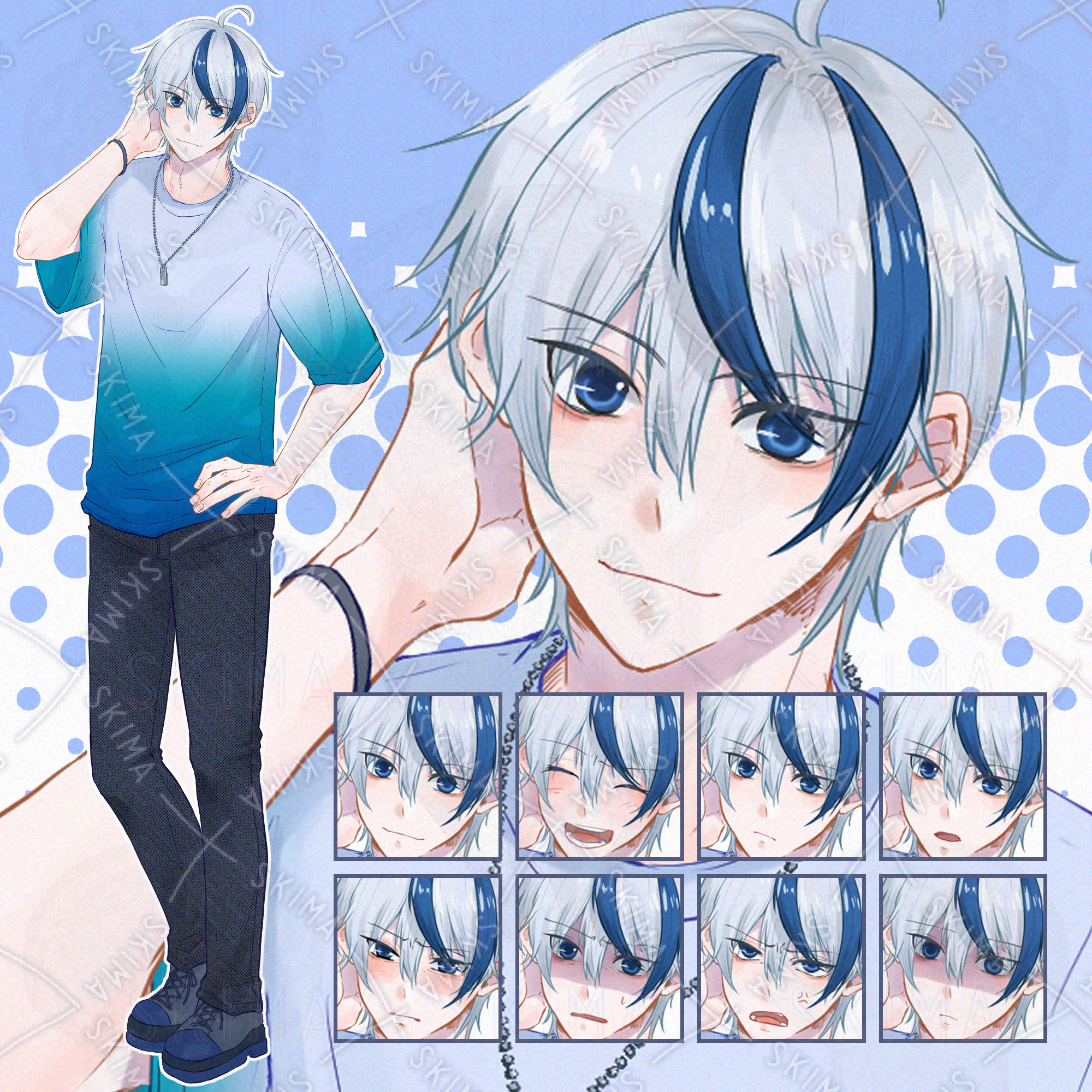 イラスト 青と白 表情差分8種】銀髪青メッシュ男性【立ち絵】【adopt01】 | SKIMA