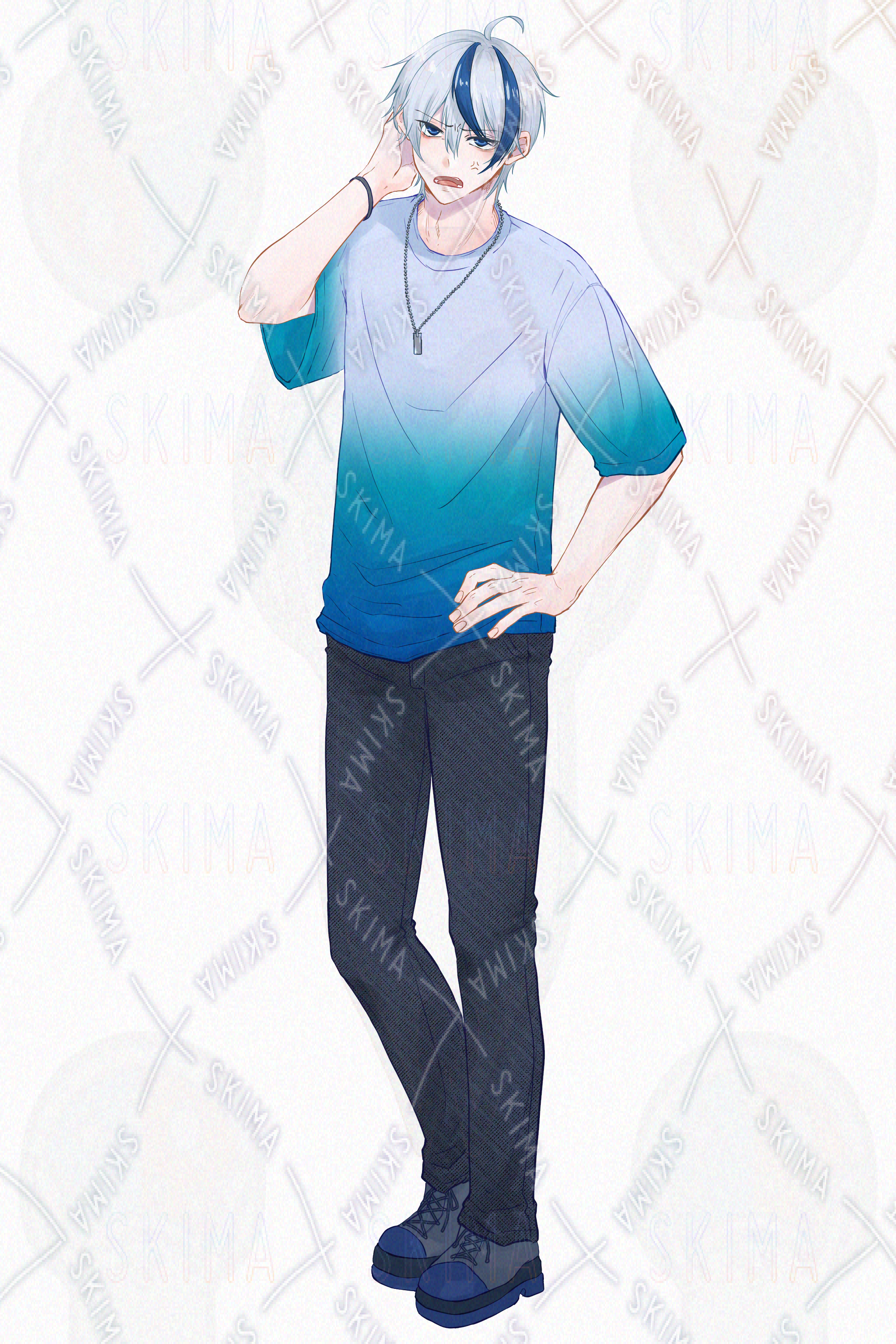 イラスト 青と白 表情差分8種】銀髪青メッシュ男性【立ち絵】【adopt01】 | SKIMA