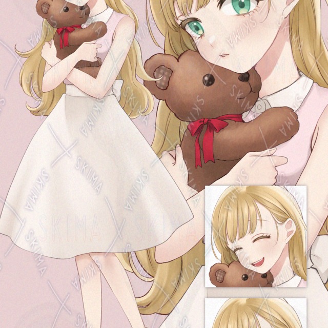 金髪ロング・クマのぬいぐるみを抱いた女の子