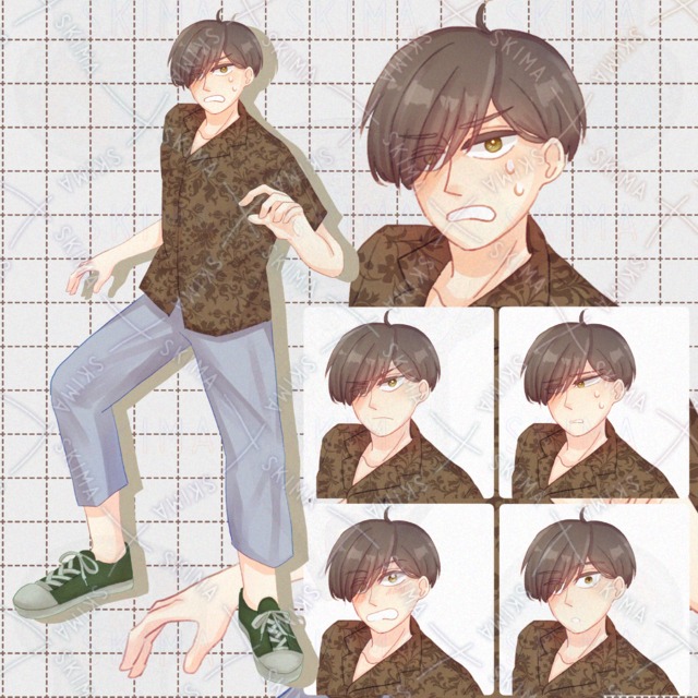 【表情5種】狼狽ポーズのメカクレ柄シャツ男性