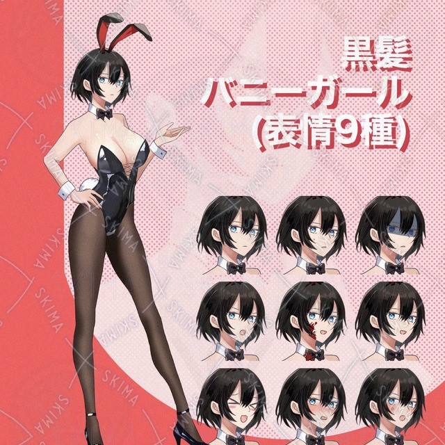 黒髪のバニーガール【表情9種】