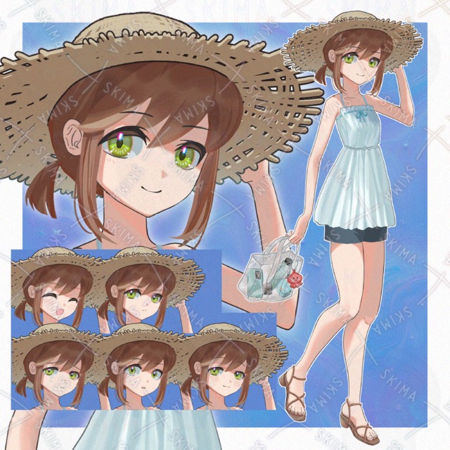 麦わら帽子の少女　表情6種＋バッグ
