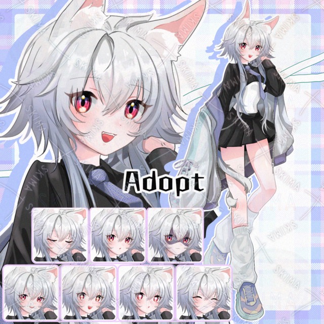Adopt/表情差分8種/白髪×猫耳×モノトーン衣装/薄紫