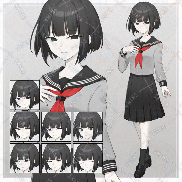 【表情7種】灰色セーラー少女