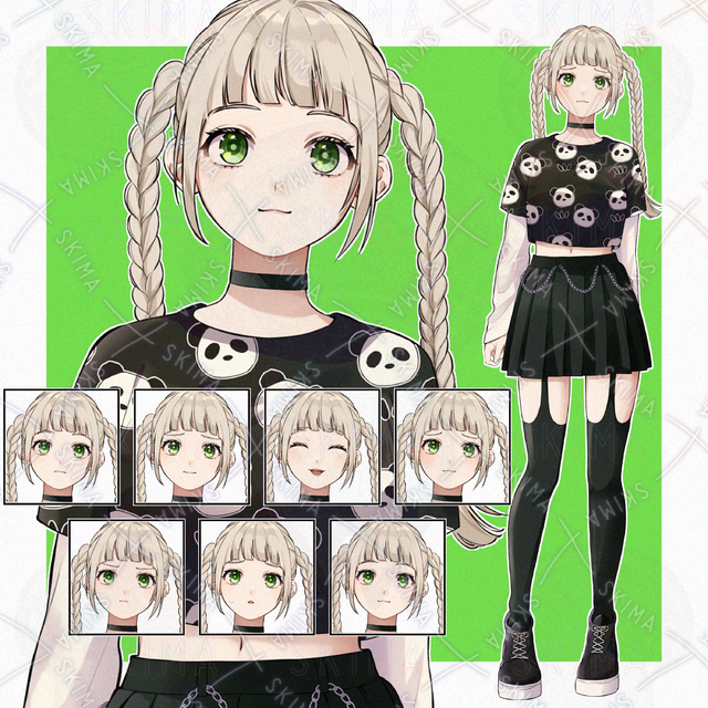 ※お値下げ パンダ柄三つ編み少女【立ち絵 表情7種類】