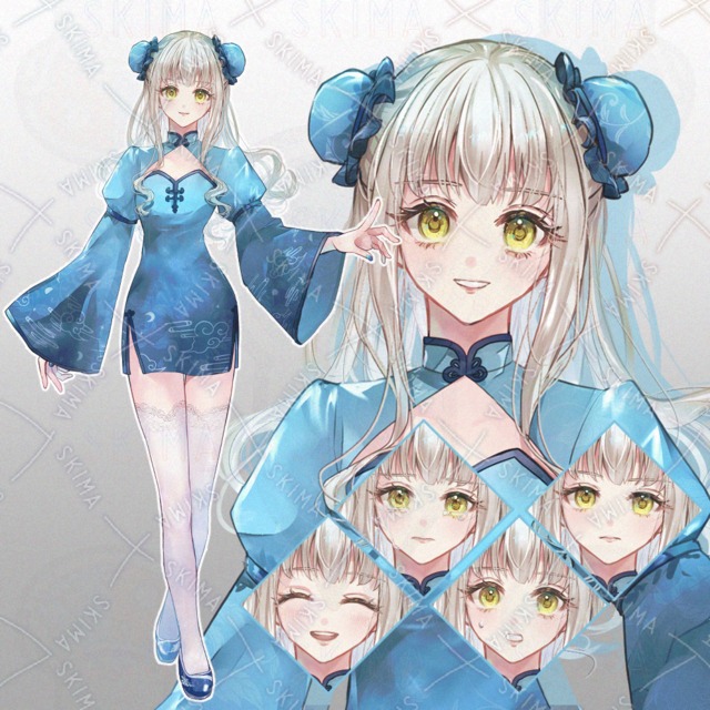 青チャイナ少女【表情差分8種】