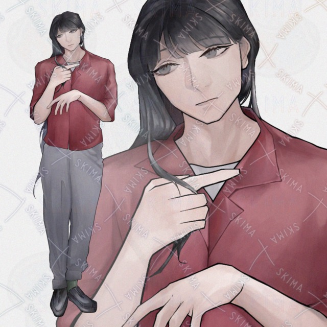 赤シャツの黒髪長髪男性【表情3種】