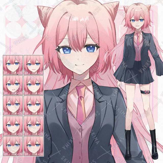 ピンク髪猫耳ヘア黒スーツ【表情差分10種】