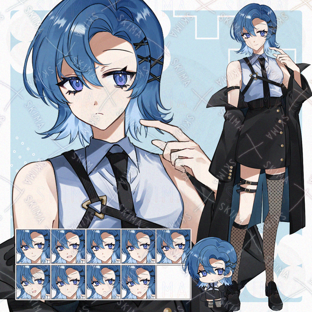 青髪バツヘアピンの戦闘系女性【表情差分9種＋SDキャラ】