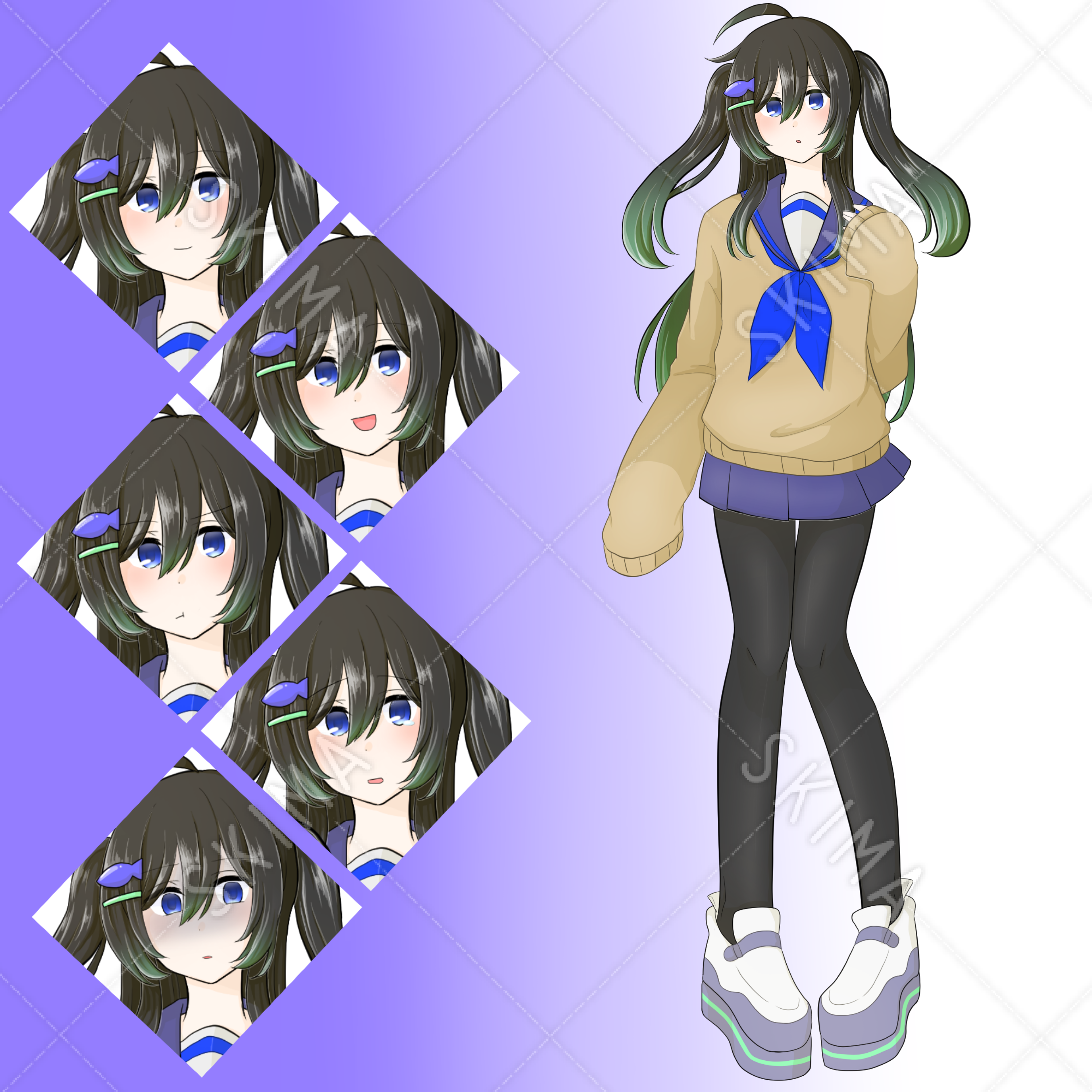 お魚のヘアピンを付けた女子高生 全身立ち絵 表情差分6種 スキマ スキルのオーダーメイドマーケット Skima