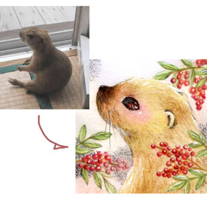 ペットのお写真をミニ原画に・・お花を添えて♪