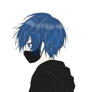 無口な青髪のマスクしてる少年の横顔イラスト