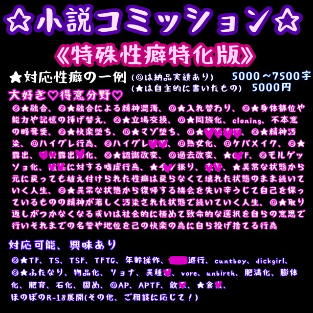 特殊性癖特化小説(一次・二次どちらもOK)軽食コース