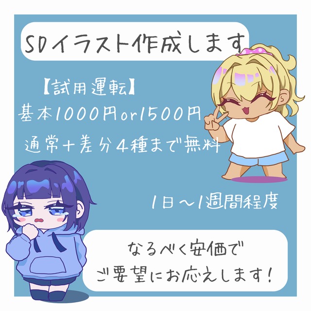 【商用利用可】デフォルメ、ミニキャライラスト作成【通常＋差分４種】